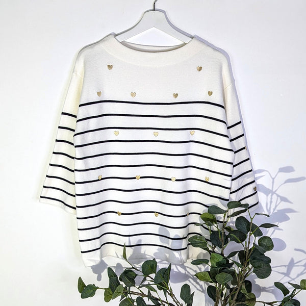 Luxe stripey jumper with embroidered hearts and a slightly cropped sleeve