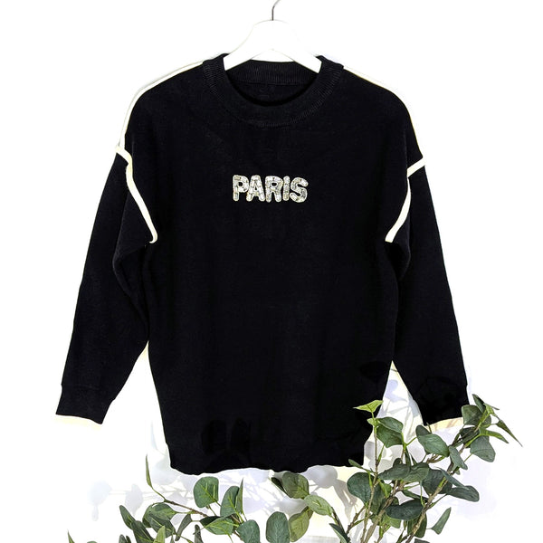 Luxe knitted jumper with crystal 'PARIS' logo and piping