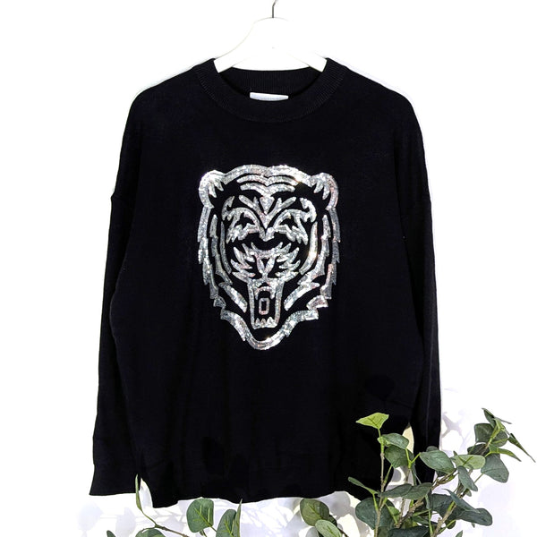 Luxe knitted jumper with crystal tiger motif