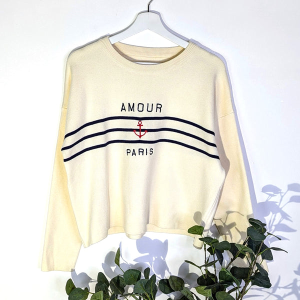 Luxe French style nautical jumper with 'AMOUR PARIS' anchor embroidery