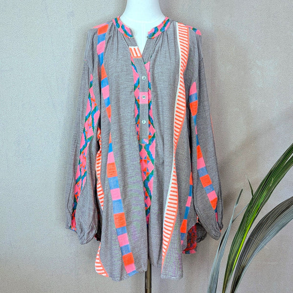 Cotton woven fabric with neon design shirt with elasticated sleeves