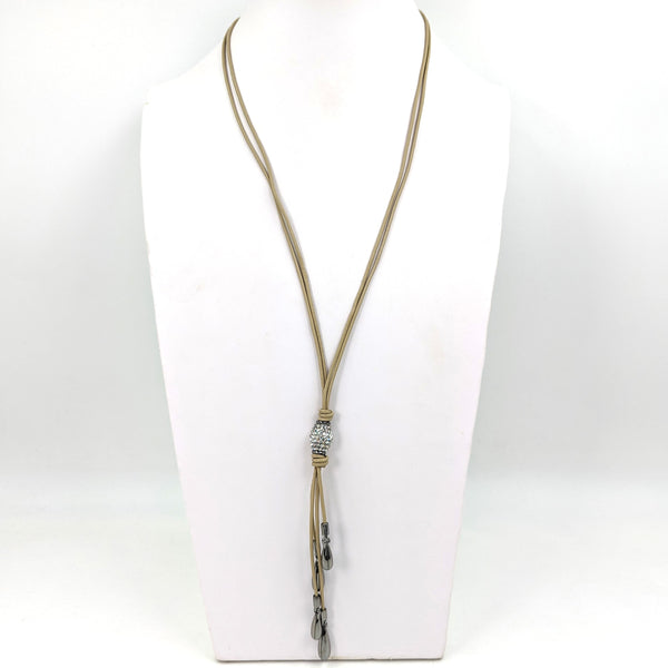 Long y-shape leather necklace with central diamante & tassle