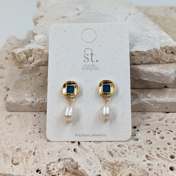 Byzantine enamel inlay stud earrings with real pearl drop