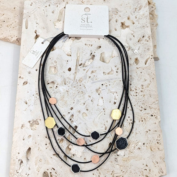 Geometric component multi-strand leather necklace with semi-precious inlay