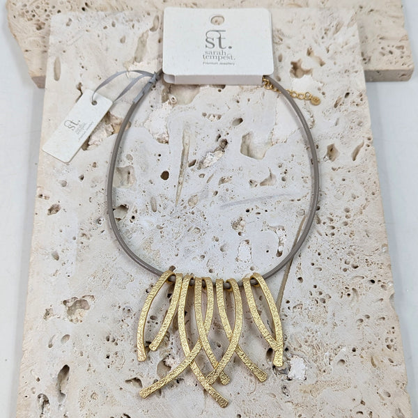 Textured strand components on leather necklace