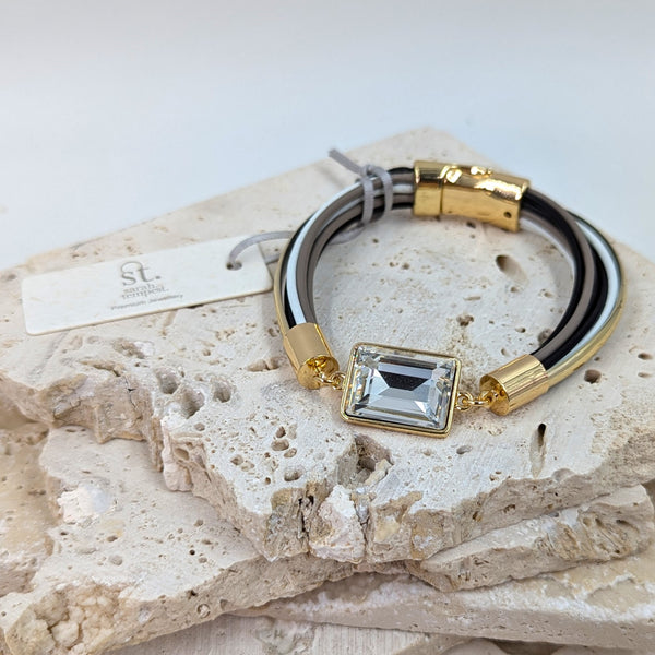 Rectangle crystal bracelet with multi leather and magnetic clasp