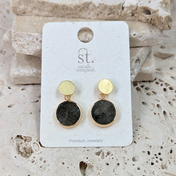 Circle drop earring with labradorite feature