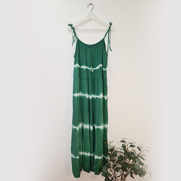 Horizontal tie dye tiered viscose maxi dress with spaghetti tie straps