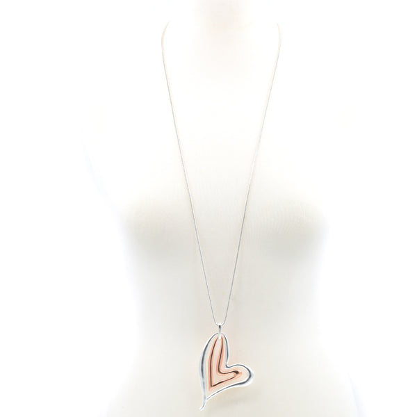 Two tone random hearts pendant on long snake chain