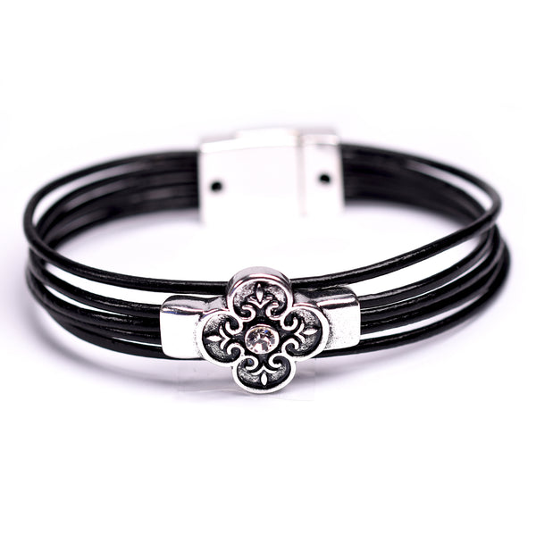 Multi-cord leather bracelet with flower and crystal detail