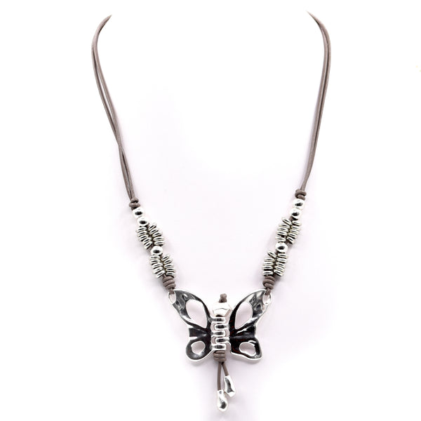 Handmade butterfly component with silver beaded sections leather necklace