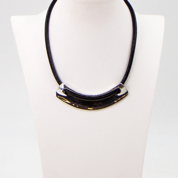 Black leather necklace with centre silver piece