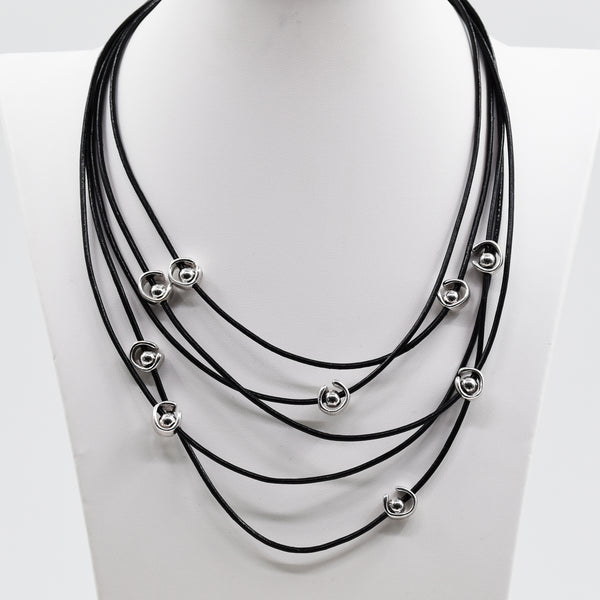 Multi Strand black leather necklace with mini organic shape