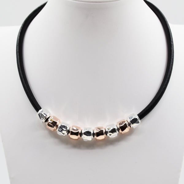 Black leather necklace with two tone bead section