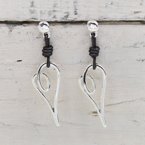 Heart shape drop earrings with leather components