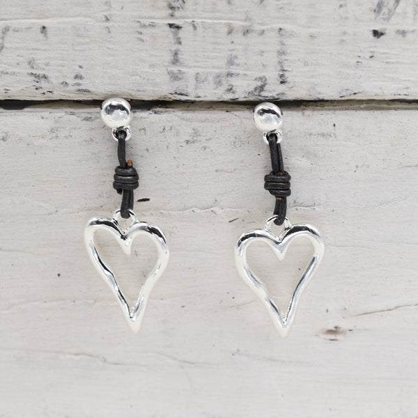 Heart shape drop earrings with leather components