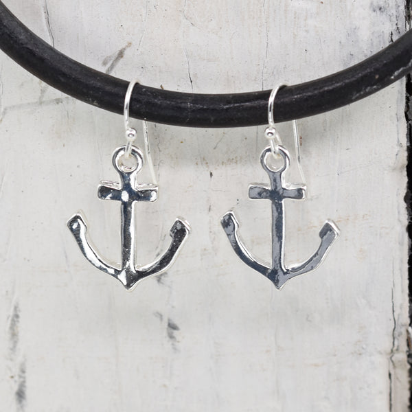 Silver plated anchor on fish hook earrings