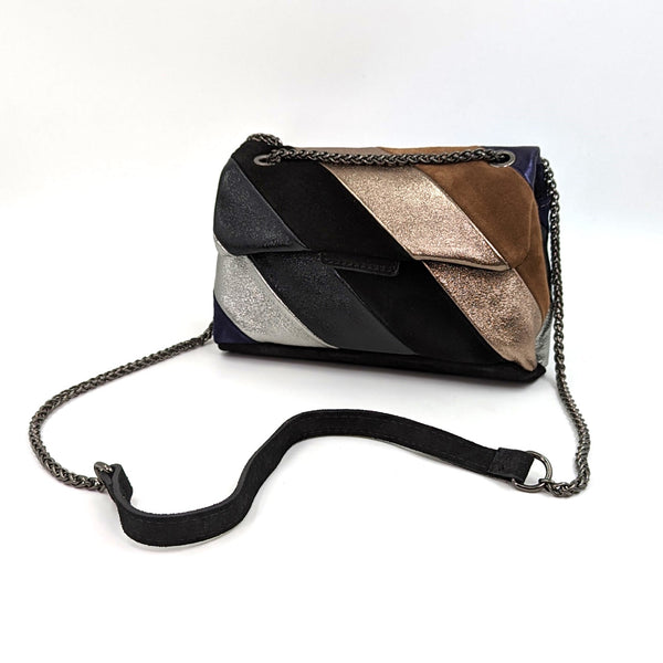 Luxury small suede and metallic leather mix horizontal design evening bag with adjustable rope chain