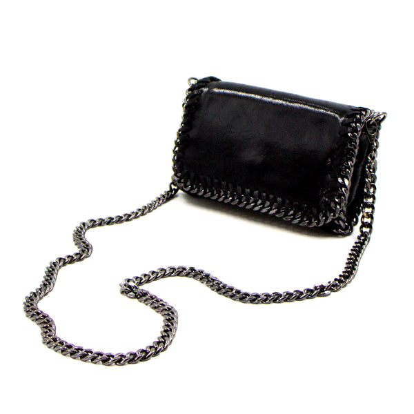 Plain leather vintage effect clutch bag with shoulder chain