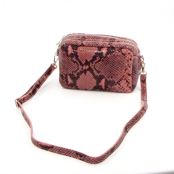 Snake print double zip cross body bag