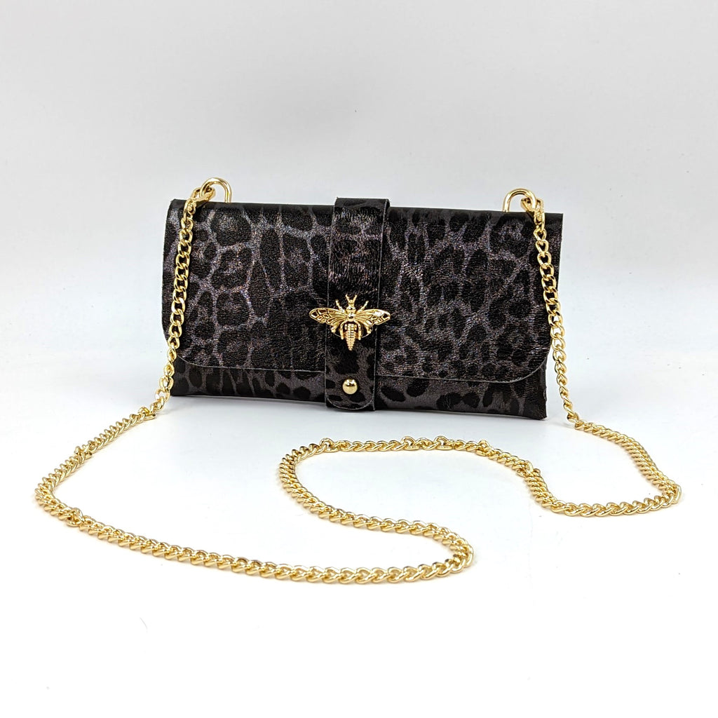 Plain leather 'Gucci' style bee clutch bag with detachable gold rope c ...