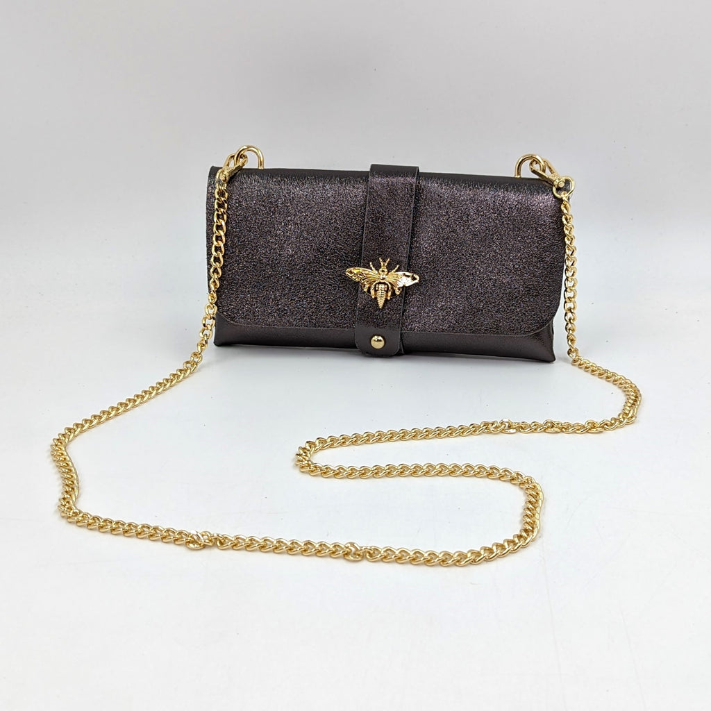 Plain leather 'Gucci' style bee clutch bag with detachable gold rope c ...