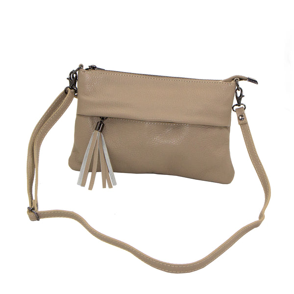 Stylish classic plain Italian leather clutch with front zip & tassel