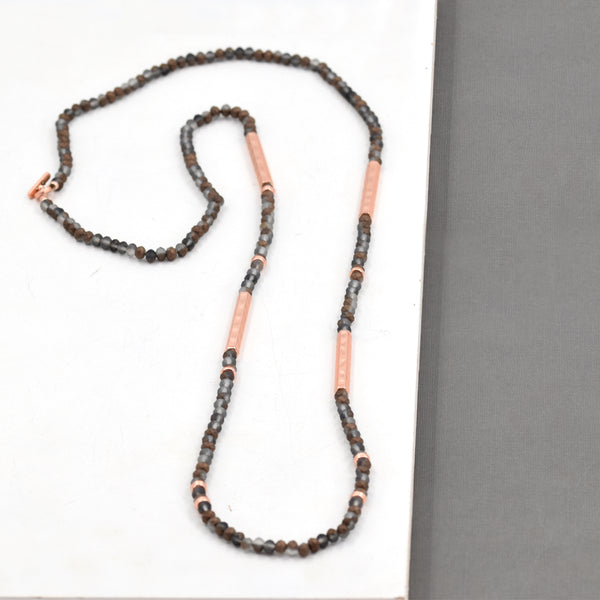 Long matte beaded necklace with soft hammered plated components