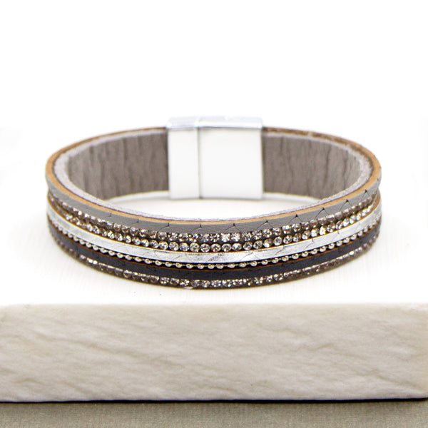 Grey metallic mix PU cuff with crystal