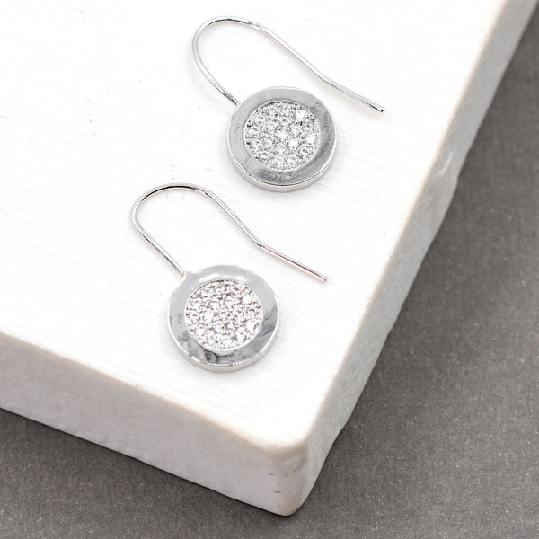 Mosaic style cubic zirconia disc silver drop earrings