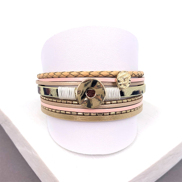 Donut component and metallic animal print multistrand PU magnetic bracelet