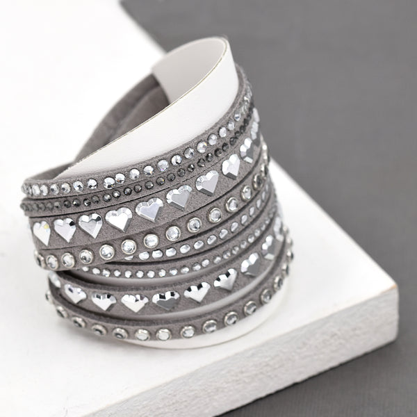 Crystal and heart studded wrap around bracelet