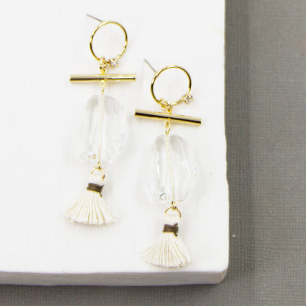 Circle and bar post with clear elegant stone and tassel earrings