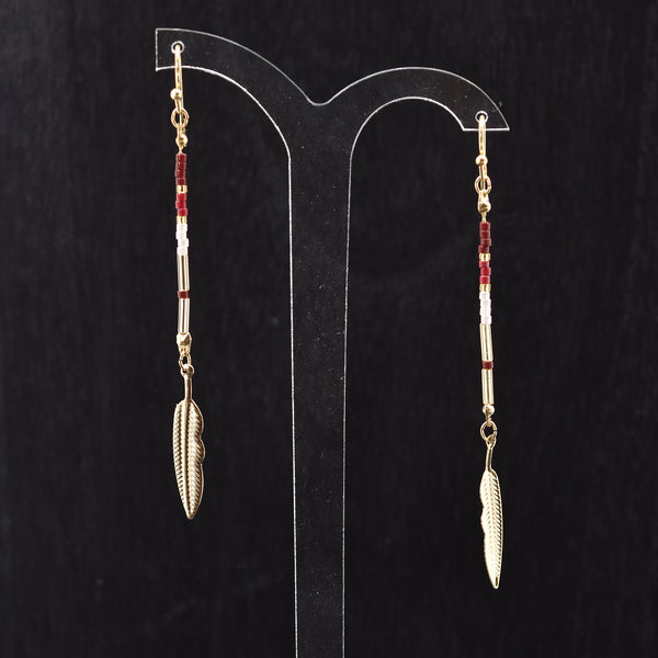 American indian style gold long earring with little feather