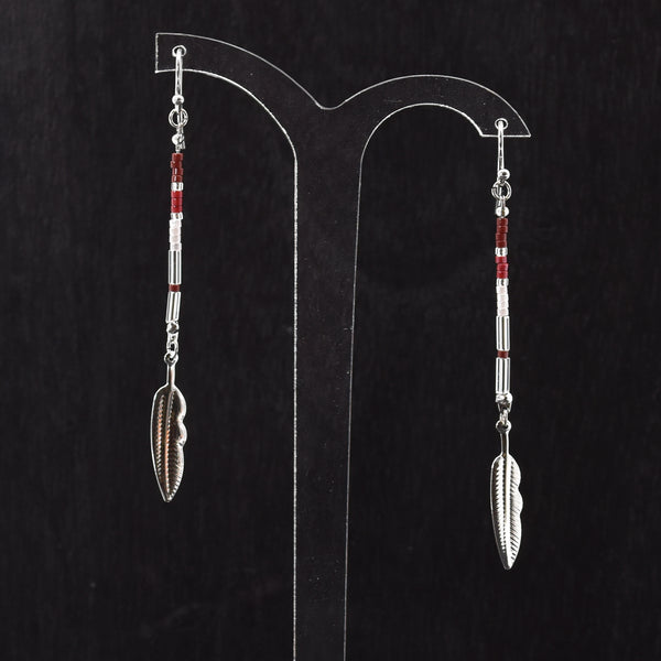 American indian style silver long earring with little feathe