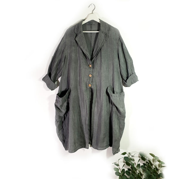 Longline contemporary linen jacket with large pockets and coco buttons