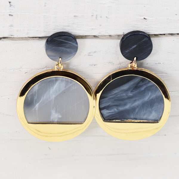 Grey mix round drop earrings with gold trim