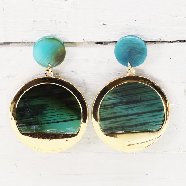 Teal mix round drop earrings with gold trim