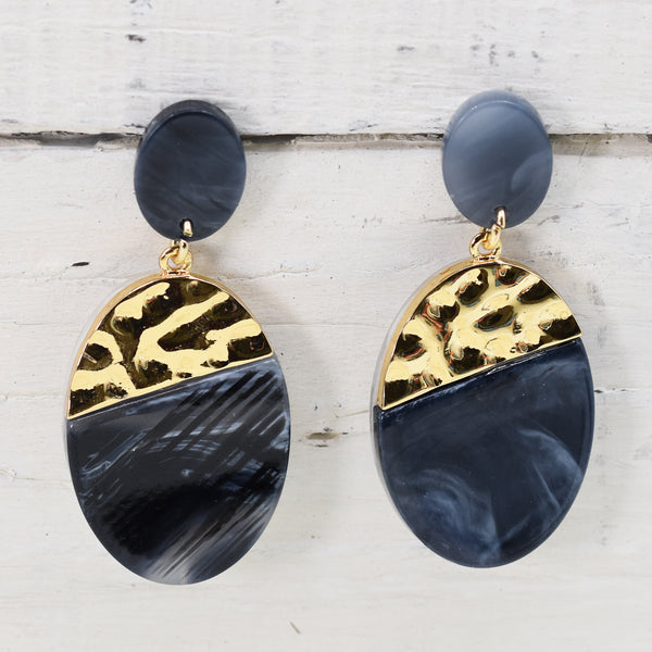 Grey mix oval resin earrings with gold trim