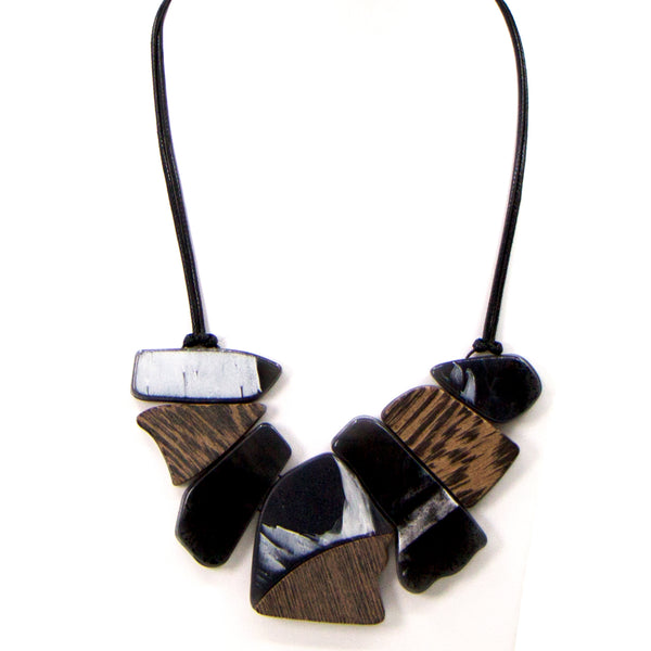 Organic shapes marble resin and integrated wood statement necklace