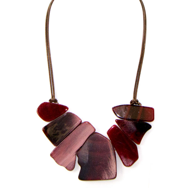 Organic shapes marble resin and integrated wood statement necklace