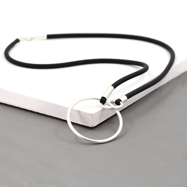 Long neoprene necklace with circle link pendants