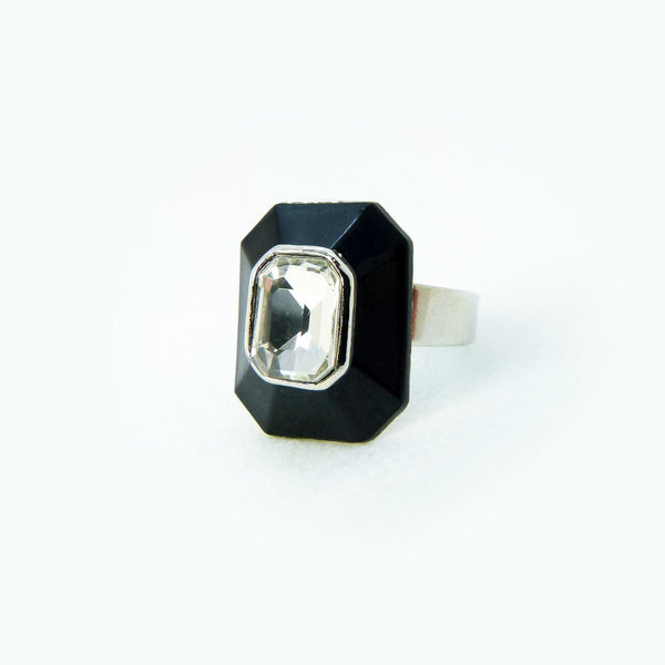 Deco style jet & crystal adjustable ring