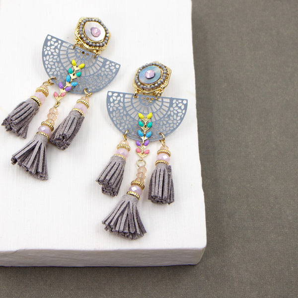 Crystal and suede tassel boho clip on style earrings