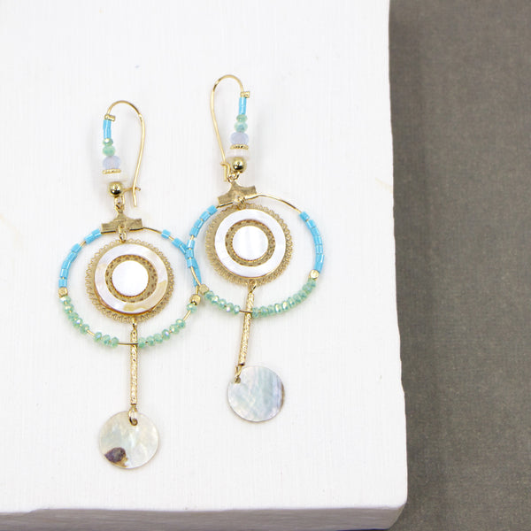 Double circle with pearl shell drop fish hook boho style earrings