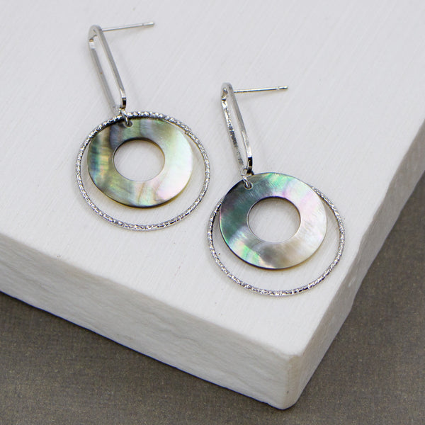 Delicate open circle drop earrings with mother of pearl shell component