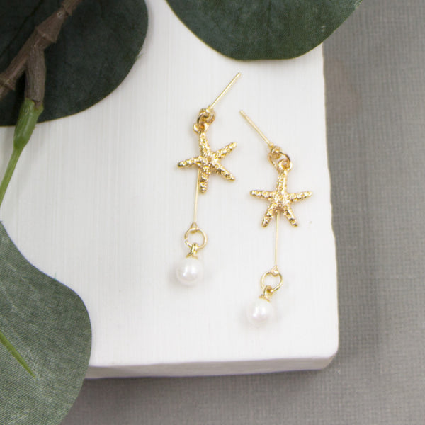 Little starfish earrings with delicate pearl dangle