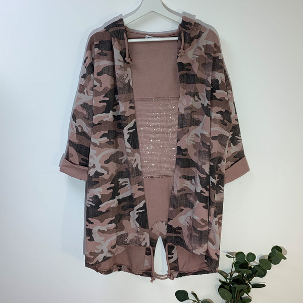 Camo jersey hoodie with ripped sequin detail on back and drawstring