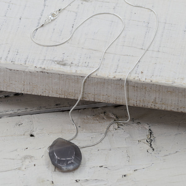 Long silver necklace with grey agate stone pendant