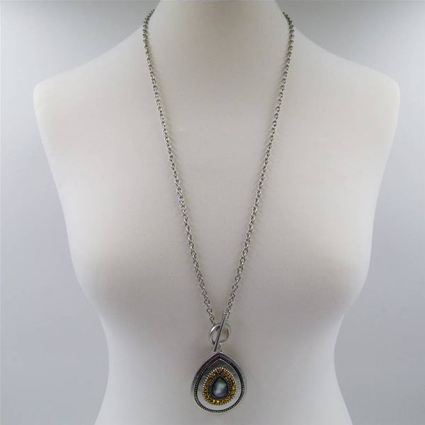 Long t-bar necklace with inlay bead detail teardrop pendant? 